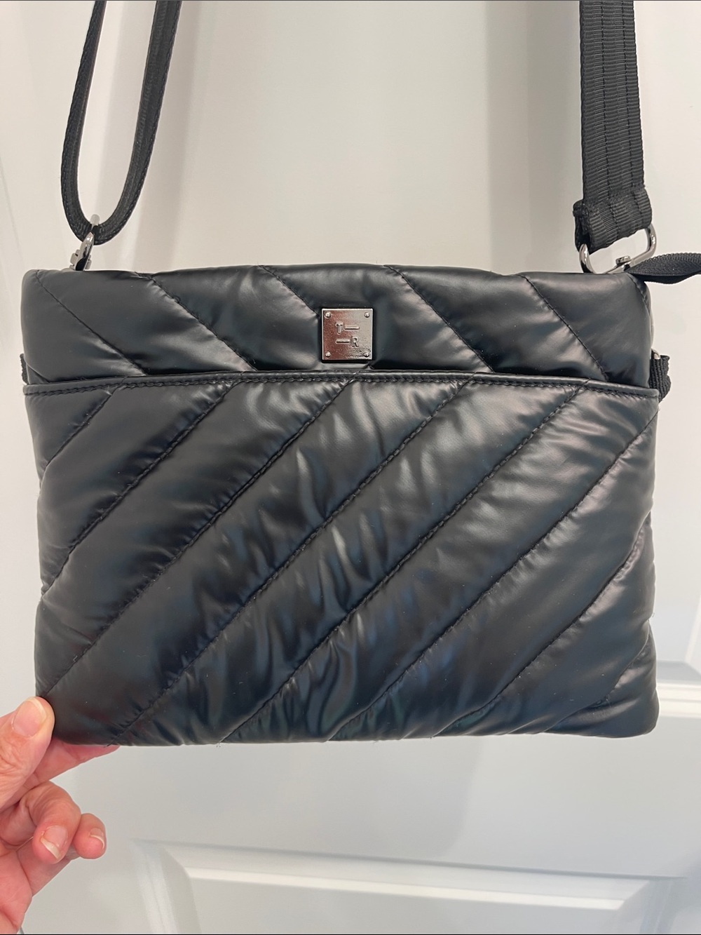 Think Royln Bum Bag Quilted Black Crossbody with Silver Logo Square